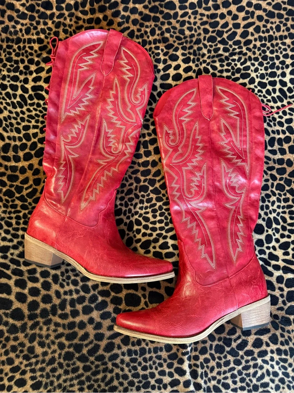 MissHeel Women's Red Faux Leather Western Knee-High Over the knee Boots